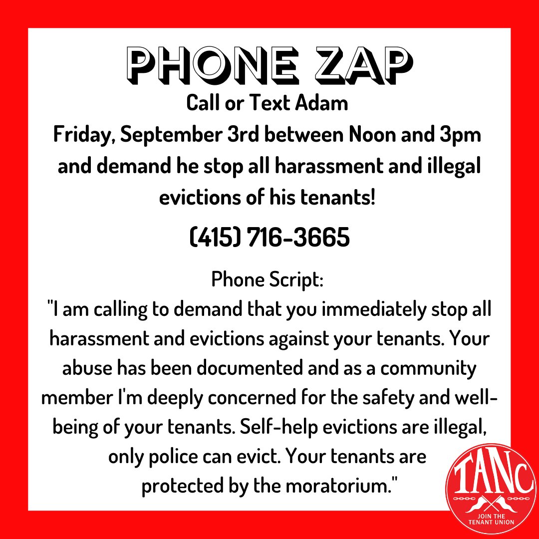 TANC_Bay's tweet photo. ⚡️EVICTION DEFENSE PHONE ZAP⚡️
⚡️This Friday, September 3rd from noon-3pm ⚡️
⚡️Support a TANC member as they resist an illegal self-help eviction and harassment from their property manager in an unpermitted RV park in West Oakland.⚡️ https://t.co/cl7e0FO7Jy