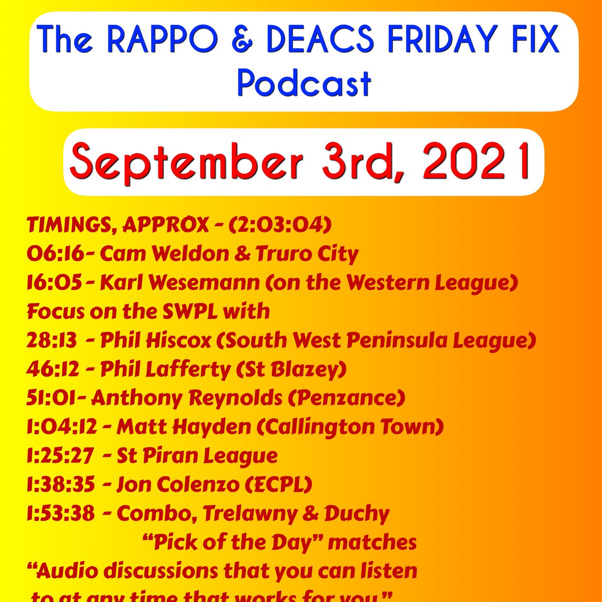 CS Football Podcast (@soccerpodcast) on Twitter photo Coming up at midnight - the latest RAPPO & DEACS Friday Fix <a href="/SoccerPodcast/">CS Football Podcast</a>
<a href="/markrapsey1/">Mark Rappo Rapsey</a> <a href="/Cornishfootball/">Dave Deacon</a> Coming up at midnight - the latest RAPPO & DEACS Friday Fix <a href="/SoccerPodcast/">CS Football Podcast</a>
<a href="/markrapsey1/">Mark Rappo Rapsey</a> <a href="/Cornishfootball/">Dave Deacon</a>