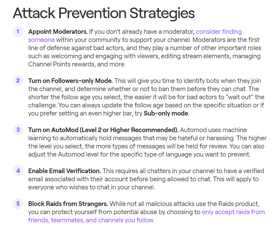 aureylian's tweet photo. Here's a handy visual for sharing of the info @Twitch released today to help educate streamers on the tools available to prevent hate raids.

"BUT WHY DON'T THEY...." questions are also answered in the FAQ - read more: https://t.co/ZNHyym5aDL https://t.co/6R8GA2x3IM