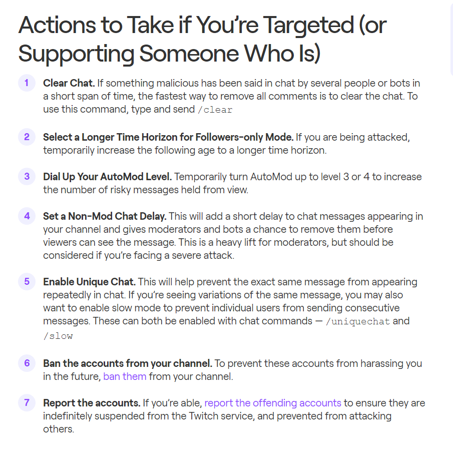 aureylian's tweet photo. Here's a handy visual for sharing of the info @Twitch released today to help educate streamers on the tools available to prevent hate raids.

"BUT WHY DON'T THEY...." questions are also answered in the FAQ - read more: https://t.co/ZNHyym5aDL https://t.co/6R8GA2x3IM