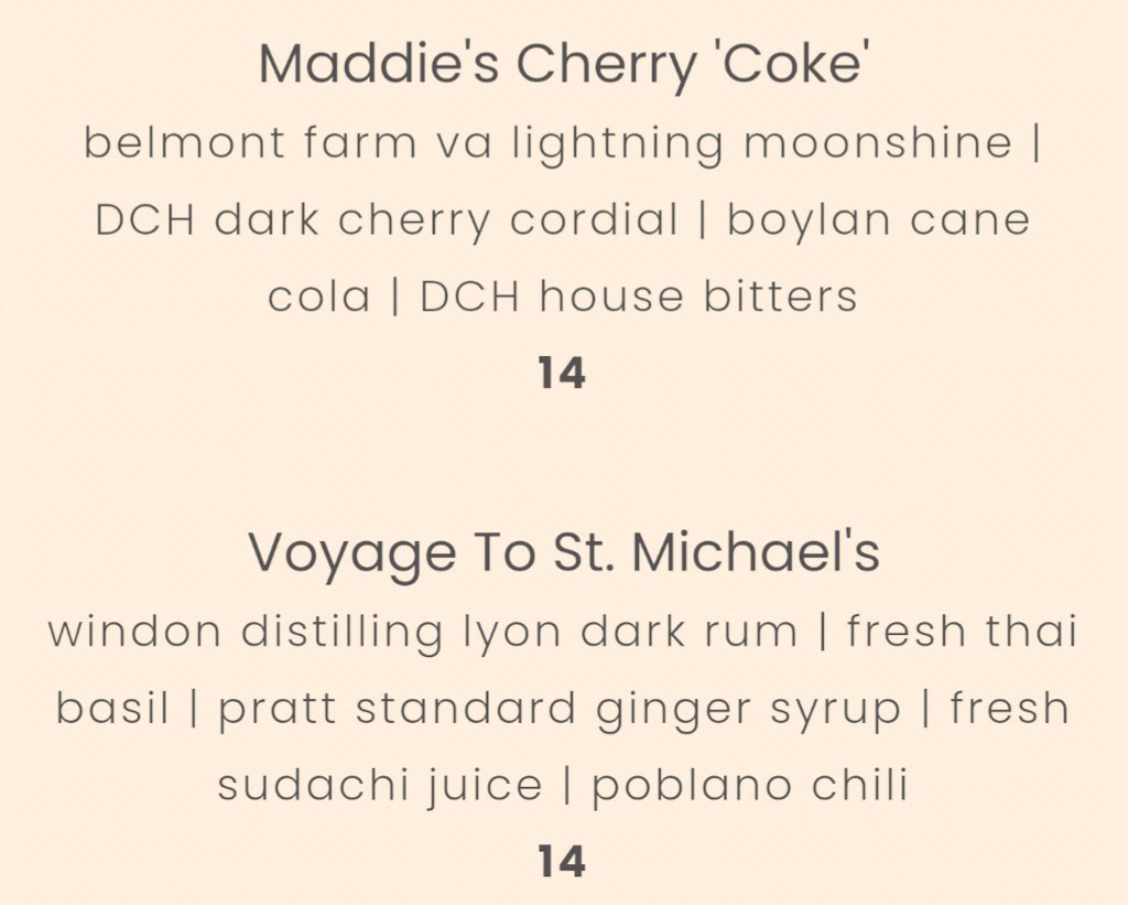 New dinner cocktails to indulge in featuring our local partners
<a href="/sangfroidbrandy/">sang•froid</a> 
<a href="/BelmontFarmVA/">Belmont Farm Distillery</a> 
<a href="/LYONRUM/">LYON RUM</a> 
<a href="/CapitolineDC/">Capitoline Vermouth</a> 
dc-harvest.com/menus
#supportlocal