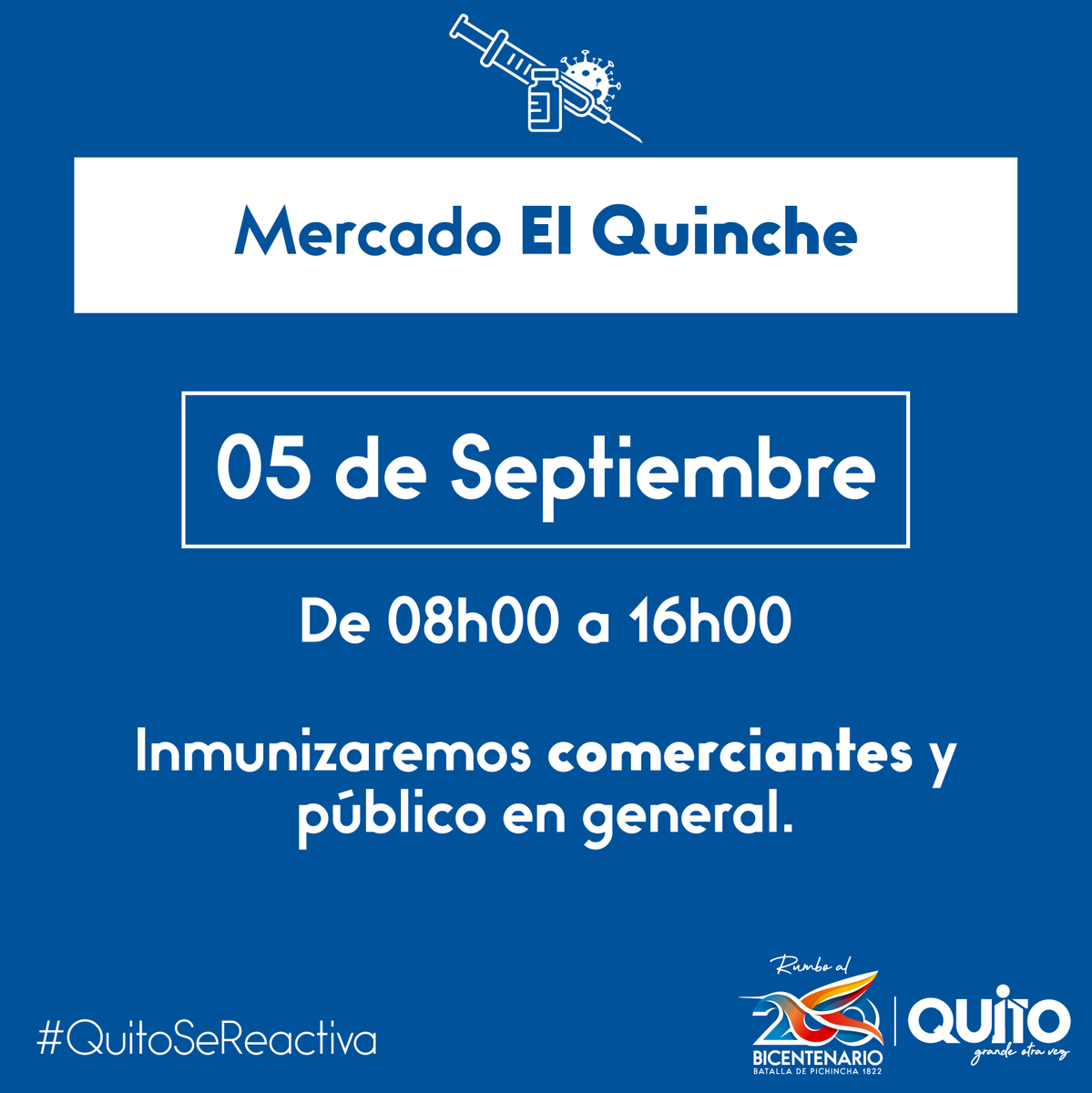 QuitoComercio's tweet photo. El proceso de inmunización se realiza con normalidad en las parroquias rurales.
🗓️Domingo 05 de septiembre 
📍Mercado El Quinche
⏰08h00 a 16h00
¡Te esperamos!
#QuitoSeVacuna
En coordinación con el Ministerio de Salud Pública del Ecuador. https://t.co/z8yuxnNdR8