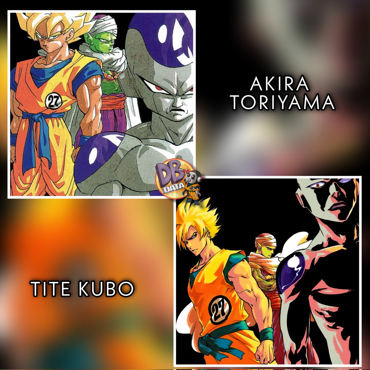 data_ball's tweet image. Comparativa entre la portada del volumen 27 del manga Dragon Ball, realizado por Akira Toriyama y la recreación artística a cargo de Tite Kubo, el autor del manga Bleach.