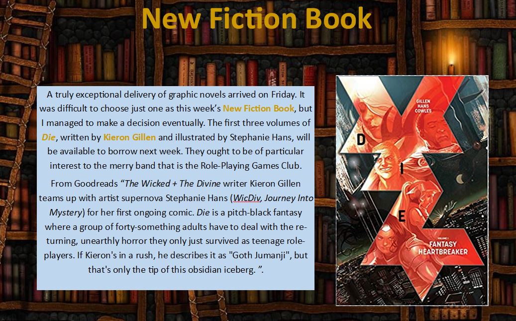LibLourdes's tweet photo. A Most Excellent delivery of comics arrived on Friday, so today's #NewFiction title is the 1st 3 volumes of Die by @kierongillen &amp; @HansStephanie. I expect the #SchoolLibraryRPG #SchoolLibraryDND club members to squabble over it next week! #SchoolLibraries #GlasgowSchoolLIbraries https://t.co/PIBpMBHRcl