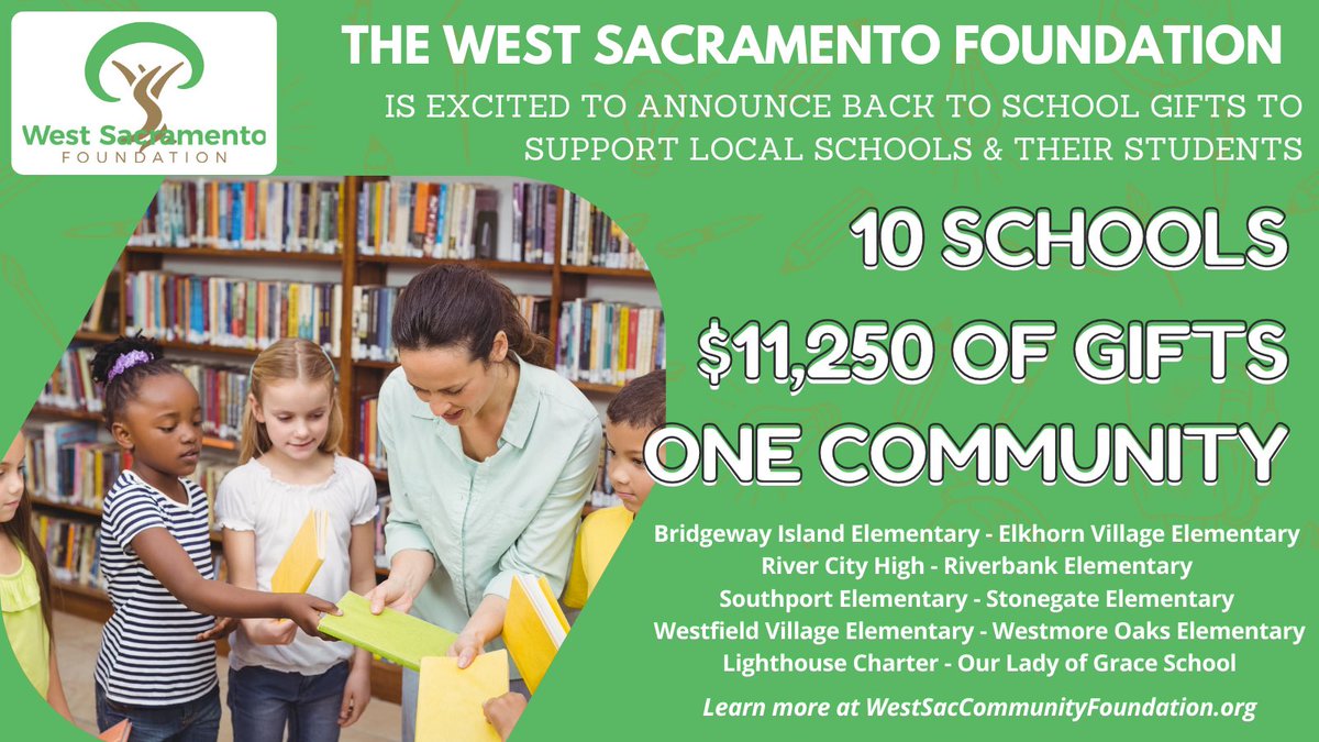 WestSacFdn's tweet photo. BIG NEWS! As West Sacramento schools go back to in person education, the West Sacramento Foundation is donating $11,250 to local PTOs to ensure all students have an enriching educational experience! #WestSacramento

Learn more at: https://t.co/IgUgQzxfiw https://t.co/aQRpTYygCL