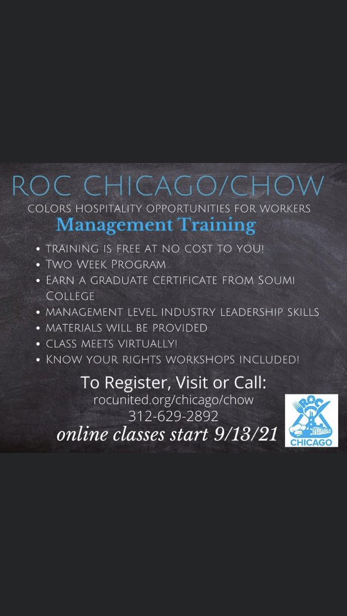 rocchicago's tweet photo. Join us for a free class on Management Level Restaurant/Hospitality starting 9/13/21 ! https://t.co/74lKbB9YLW