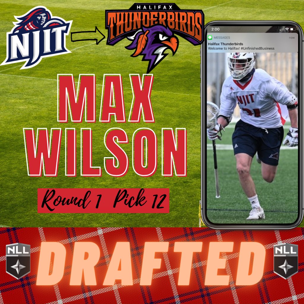 NJITMLAX's tweet photo. Congrats to our Captain Max Wilson for being drafted in the first round of the NLL draft. We’re proud to soon be seeing you as a Thunderbird! ⛈ 🦅 

#UnfinishedBusiness #NLL #NLLdraft #NJIT #NJIThighlanders #halifaxthunderbirds #NJITlax #lacrosse #njitlacrosse https://t.co/XobxtnWKyh