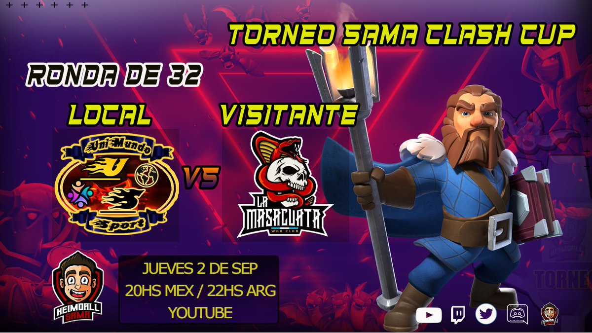 Buenas tardes clasheros/as!! Hoy tenemos 2 guerrazas!

En Twitch: twitch.tv/heimdallsama
@ImmortalAgee vs <a href="/EGNesports/">EGN Esports</a> 

En Youtube:
youtube.com/channel/UCfxxA…
#unimundo vs <a href="/LA_MASACUATA_GT/">LA MASACUATA 🇬🇹</a>