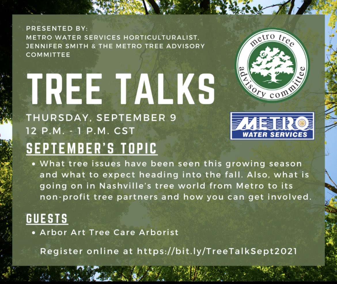 Want to learn more about trees in the city?  Join <a href="/NashvilleMWS/">Metro Water Services</a>  for a talk of trees next week! 🌳