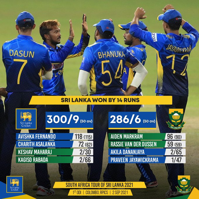 SL vs SA 1st ODI 2021. Twitter: @OfficialSLC.