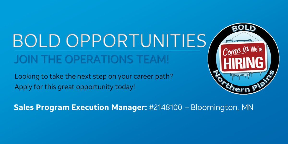 We're looking for a Sales Program Execution Manager to join the #BOLDNorthernPlains Sales Operations Team. If you have strong operational skills, love to innovate, and want to take your career to the next level then this opportunity is for you!