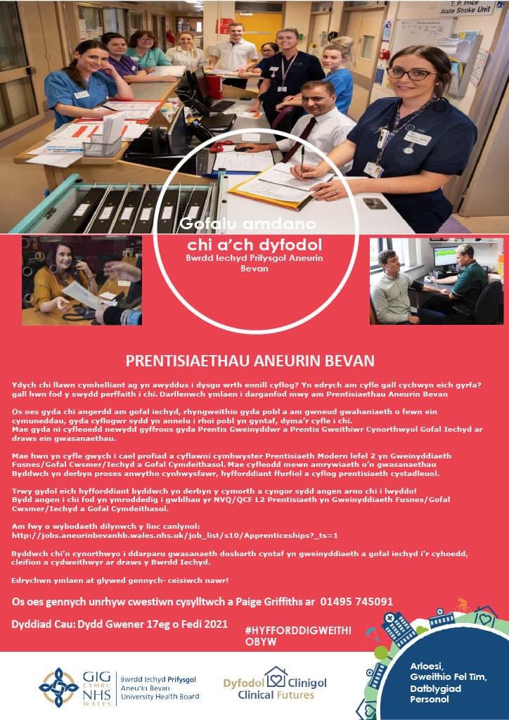 Aneurin Bevan Apprenticeships 
We have exciting new Apprentice Administrator and Apprentice Health Care Support Worker positions across our services. This is an excellent opportunity to gain experience and achieve a Modern Apprentice level 2 qualification.