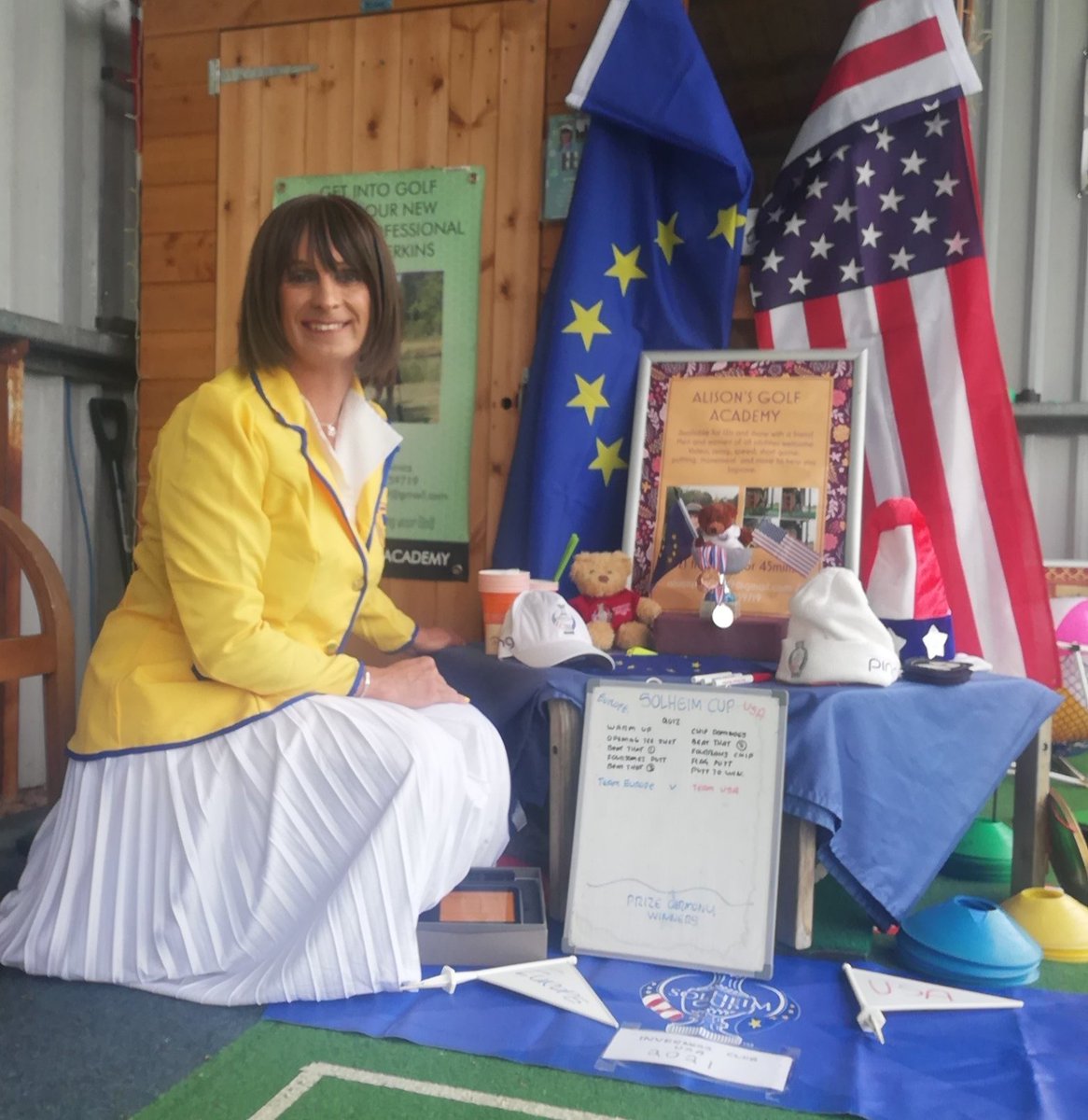alisonpgapro's tweet image. My little golf hut and Academy is ready for the #SolheimCup this week. Girls, snrs and juniors groups will be competing for points in many of my challenges to see who can win the cup, team Europe or USA.

Finding yellow white blue too support Europe not easy, hi de hi :))