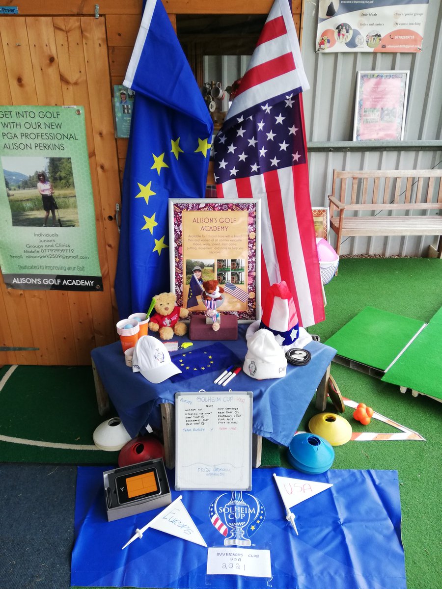 alisonpgapro's tweet image. My little golf hut and Academy is ready for the #SolheimCup this week. Girls, snrs and juniors groups will be competing for points in many of my challenges to see who can win the cup, team Europe or USA.

Finding yellow white blue too support Europe not easy, hi de hi :))
