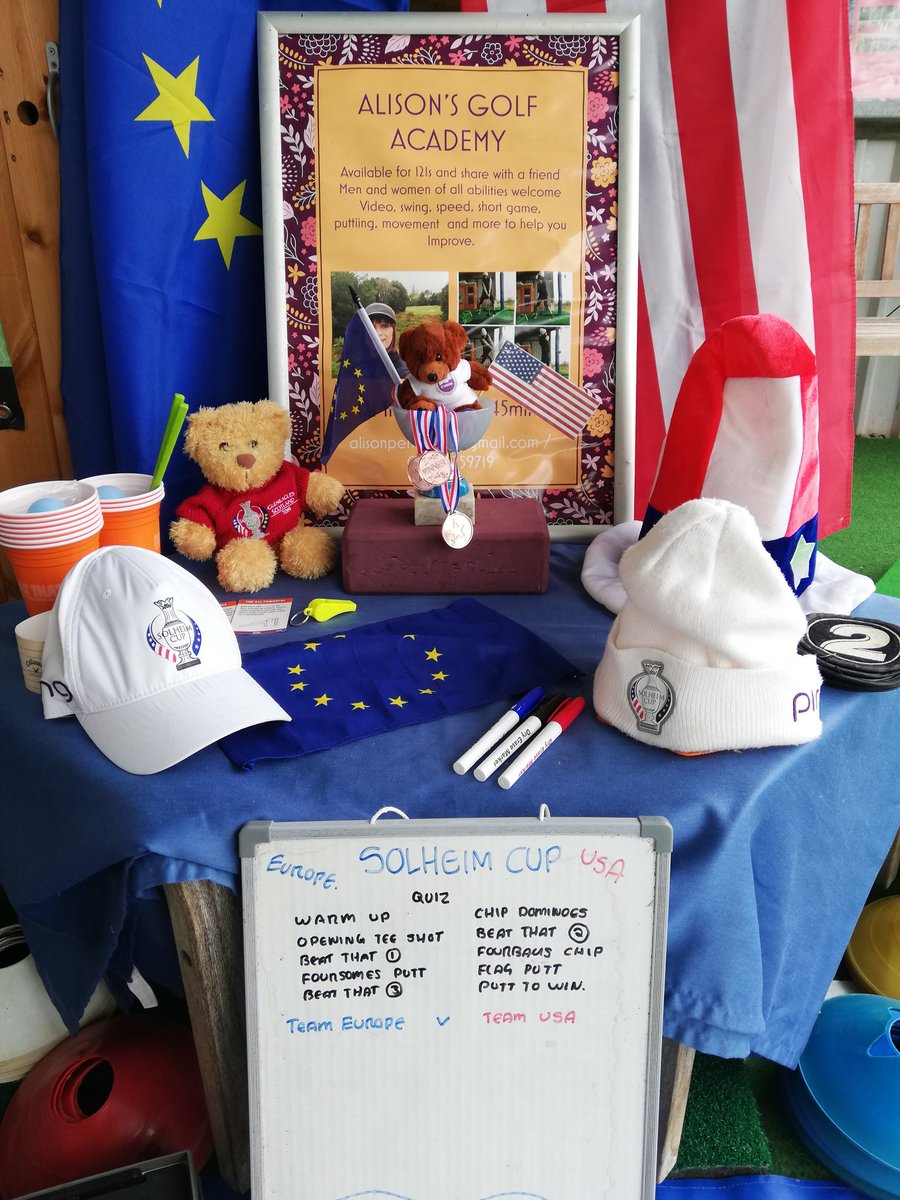 alisonpgapro's tweet image. My little golf hut and Academy is ready for the #SolheimCup this week. Girls, snrs and juniors groups will be competing for points in many of my challenges to see who can win the cup, team Europe or USA.

Finding yellow white blue too support Europe not easy, hi de hi :))