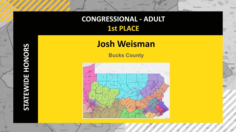 DrawTheLinesPA's tweet image. And for the statewide adult division #MappingCompetition winners, congrats to 🥇 Josh from Bucks County and 🥈 Corey from Montgomery County!

Josh&apos;s 1st place map only split 11 counties, something that the 2011 and 2018 congressional maps didn&apos;t even come close to. Great job!