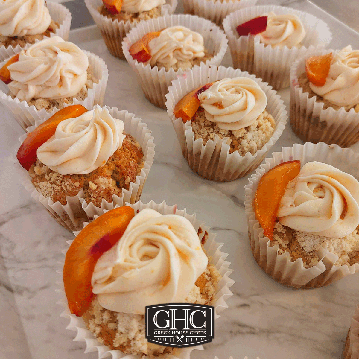 GreekHouseChefs's tweet photo. Blue Coat Chef Leandra's roasted peach pie cupcakes are looking picture perfect on this crisp (almost) fall day. 🍑🍂😋 #ghc #greekhousechefs #cupcakes #ohiouniversity #sorority #sororityfood #sororitychef #baking #chef #sweettreat https://t.co/S7P7p75og2