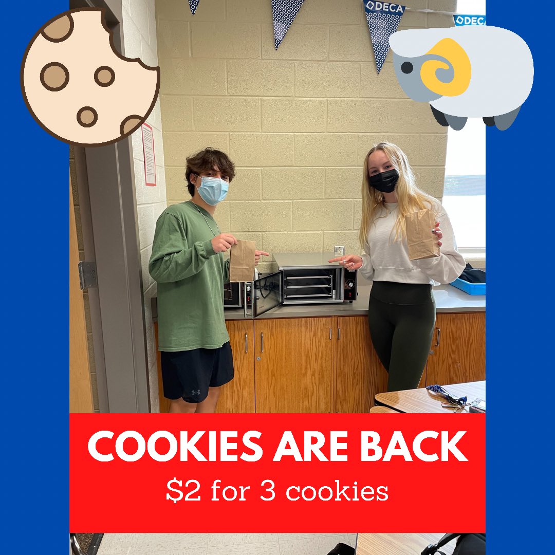 rvhs_ramshack's tweet photo. Surprise!! Cookies are back at the Shack🎉🍪🎉🍪 Starting Tuesday August 7th we will have cookies in the R Shack before school from 8:40-9:10. They will be $2 for 3 cookies. Stop by next week and try them out🐏🐏 #deca #rvhsdeca #theshackisback #decasbe https://t.co/8UXaPNKy2T