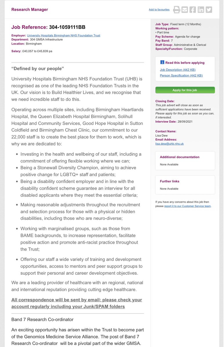 Do you want to come and help coordinate research in the NHS South and Central Genomic Medicine Service across the West Mids, Oxford and Wessex - you can work with me 😂 amongst others - job here:

jobs.nhs.uk/xi/vacancy/916…