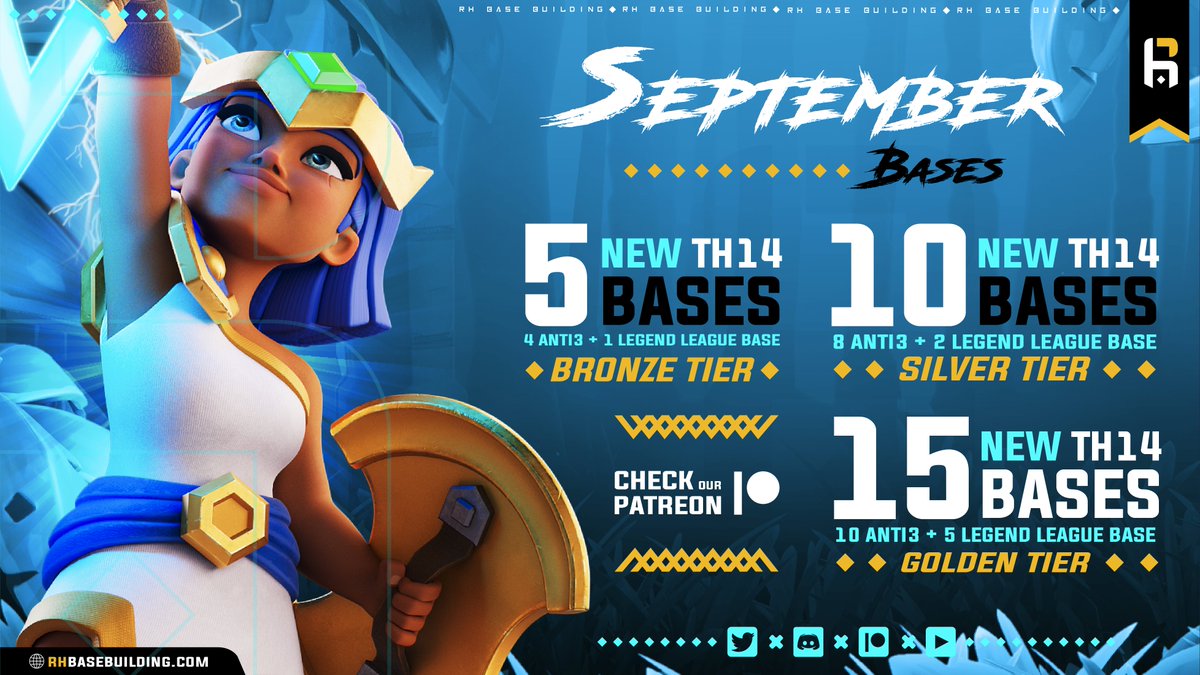 💥Patreon Drop - September

⚒️15x TH14 Base Layouts are Live!

🥉Bronze Tier (4x War, 1x LL)
🥈Silver Tier (8x War, 2x LL)
🥇Gold Tier (10x War, 5x LL)

💯100% New Meta Ready!

⭐️Affordable Packs + Amazing Value!

⬇️GET YOURS TODAY!
🔥(Instant Delivery)
🔗patreon.com/rhbasebuilding