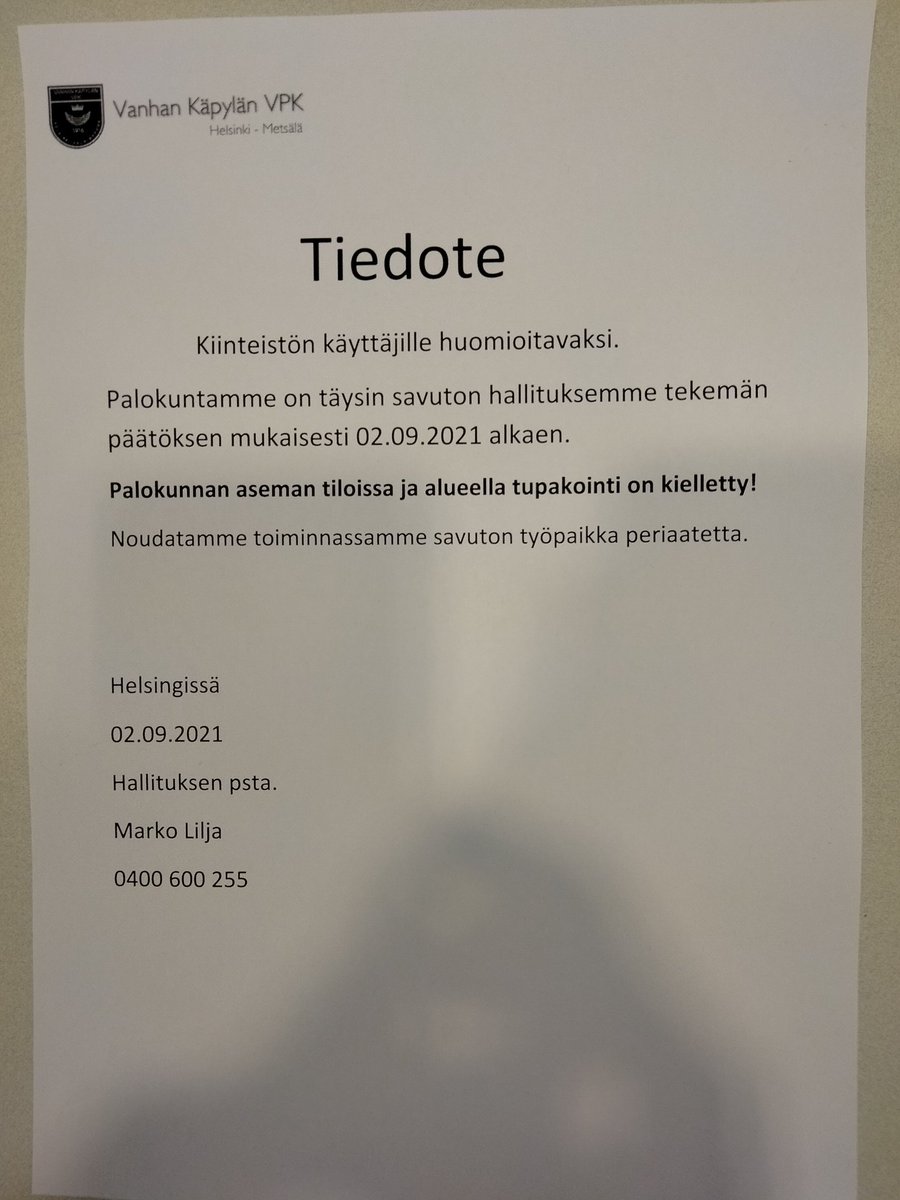 LHSP_ry's tweet photo. Palokuntamme hallituksen eilisen päätöksen mukaisesti palokuntamme hallinnoiman alueet on täysin savuttomia jatkossa. @SavutonSuomi #sopimuspalokunta #savuton https://t.co/n85w2NzrrW