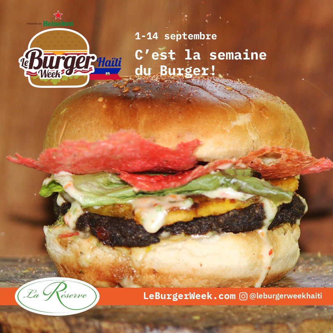 <a href="/lareserveht/">La Réserve Hôtel HT</a>
Nèg Mawon

Pain brioché au sésame - Pâté de boeuf avec bacon et djondjon - Laitue - Banane Mûre - Croustillant de riz
Sauce au fromage piquante - Servi avec papita aromatisé

********
Brioche sesame bun - Beef patty with bacon and djondjon
Lettuce - Sweet plan