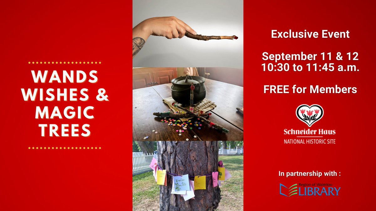 On September 11th or 12th, join us at Schneider Haus for our newest exclusive event: Wands, Wishes and Magic Trees! Enjoy the interactive Story Walk, create colourful nature wands and add some wishes to our wishing tree!
Purchase your tickets here: eventbrite.ca/e/schneider-ha…
