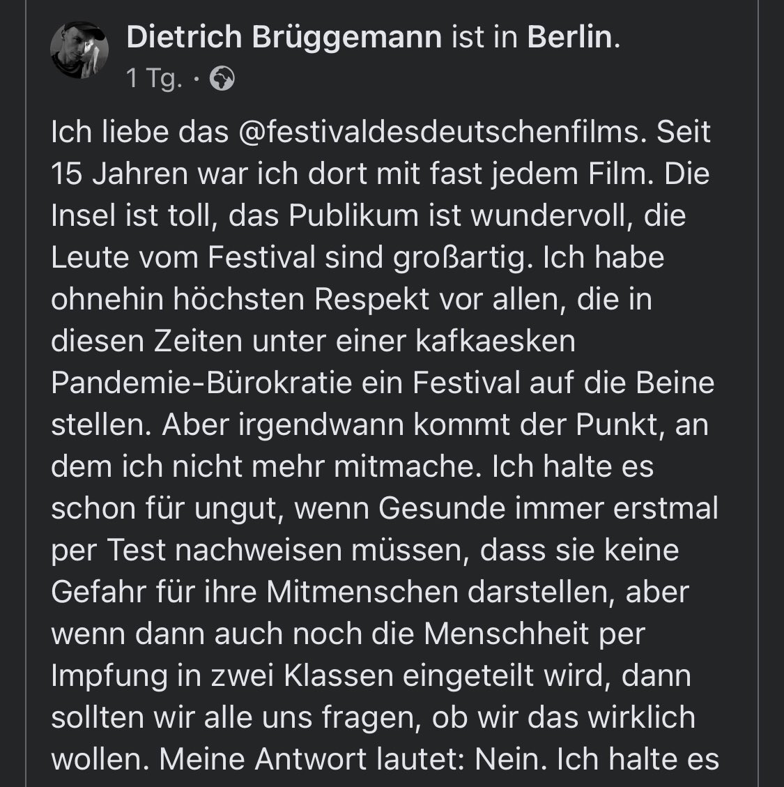 Henning Rosenbusch On Twitter Dietrich Bruggemann Sagt Teilnahme Am Festival Des Deutschen Films Ab Grund 2g Ich Wunsche Mir Massiven Widerstand Dies Ist Mein Kleiner Beitrag Dazu Dtrickb Ludwigshafen De Https T Co 127sgpbcfs