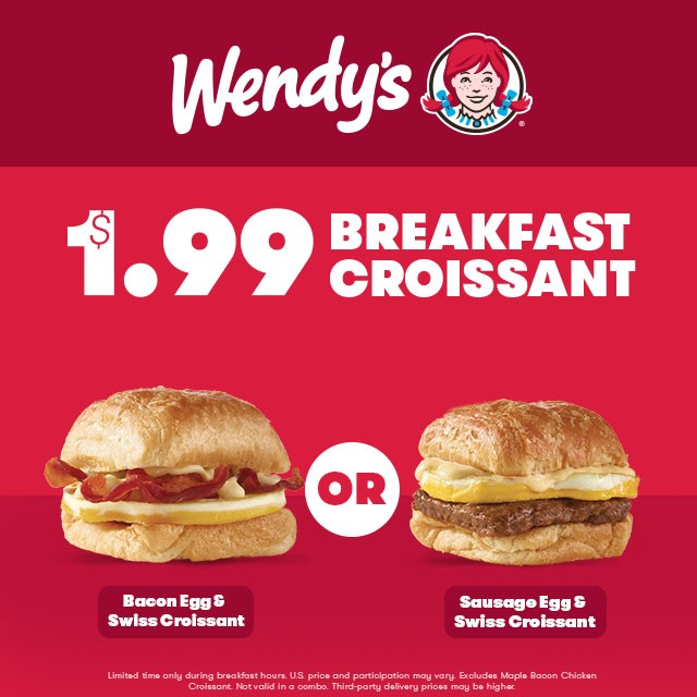 DrewTydeman's tweet image. Check out the new Breakfast Croissants now at @Wendy's for just $1.99. Now that is a deal. #wendys #ad
