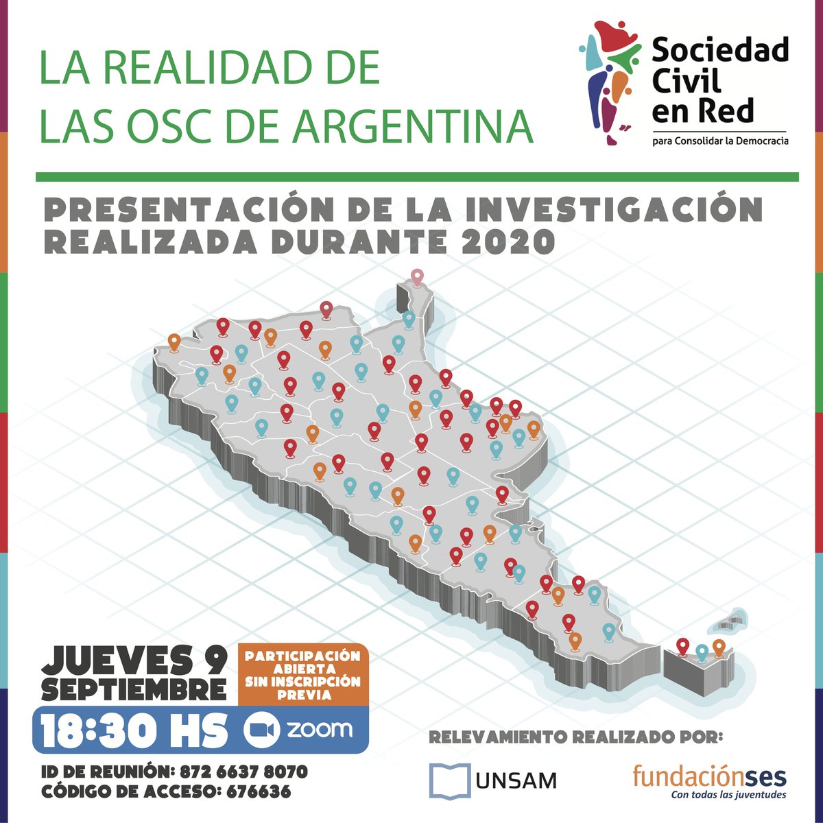 SCeRArgentina's tweet photo. Los invitamos el jueves 9/9 a las 18:30h a la presentación de los resultados de la Investigación "La Realidad de las OSC argentinas", relevamiento realizado por la @unsamoficial y @FundacionSES  durante el año 2020.

Sumate 👉 https://t.co/v0JPJMgKzS https://t.co/Jt3MMW1otL