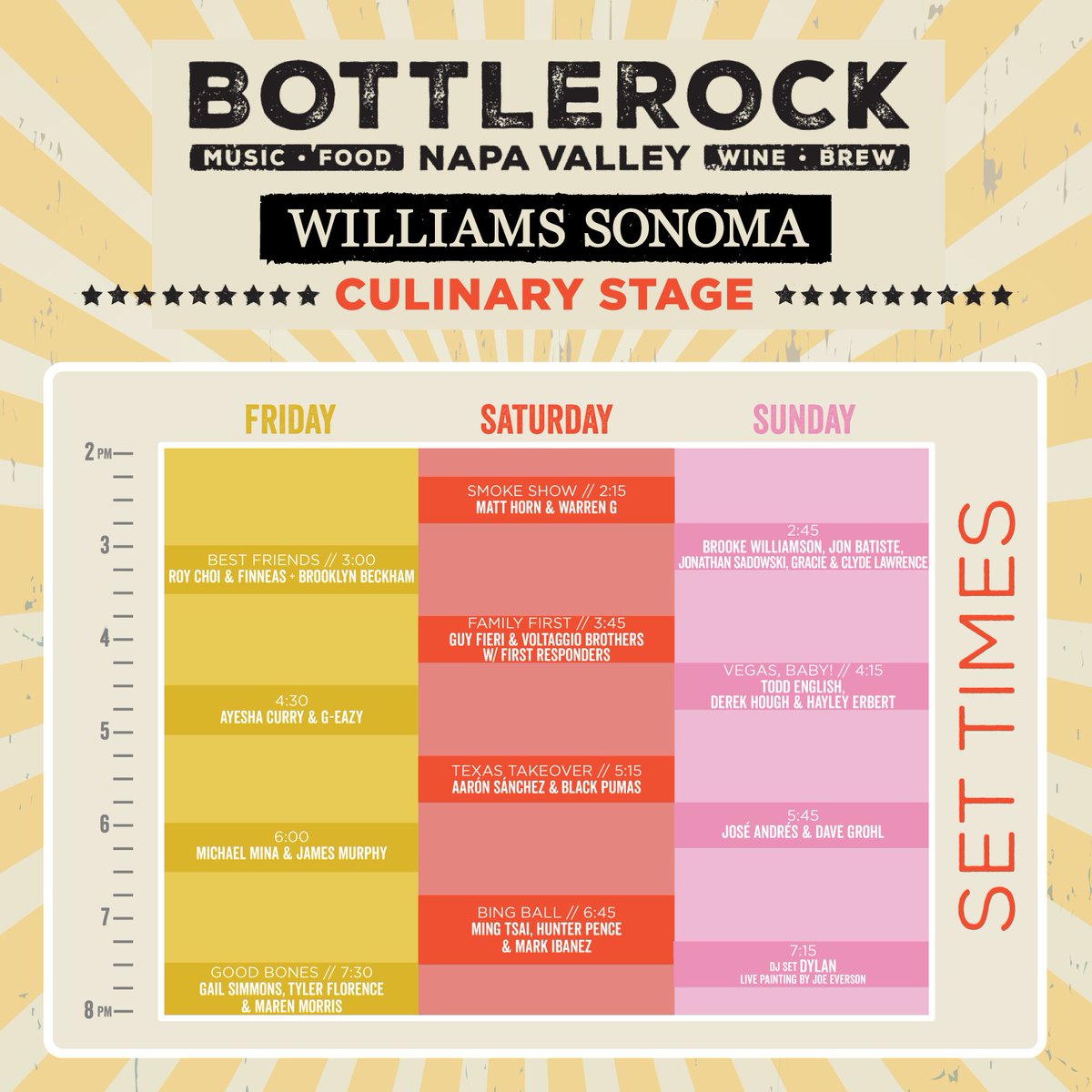 Hope you saved room for 🙌 MORE 🙌 Add these must-see @WilliamsSonoma Culinary Sets to your schedule on the official BottleRock app 📱 💕 👨‍🍳 You never know what you'll see on this stage 😉 🎉 🎂 BottleRockers, what were your fave once-in-a-lifetime moments from year's past?