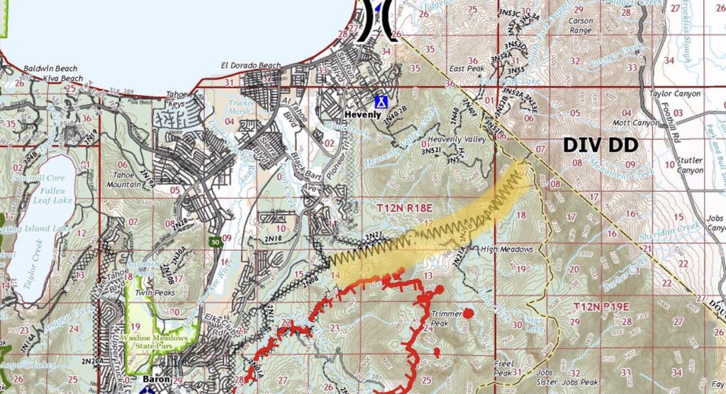 HOW FIREFIGHTERS HOPE TO SAVE SOUTH LAKE TAHOE FROM THE #CALDORFIRE:

In the hilly forests south of town is a freeway-wide new fuel break cut by a small army of fire dozers.

It runs all the way to NEVADA, East of Heavenly, from the Pioneer Tr. area.

Will have 🎥 on <a href="/ABC10/">ABC10</a>.