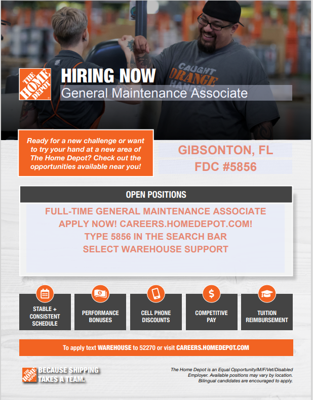 Come and join our AMAZING team! We're currently hiring Full-Time General Maintenance Associates at our new distribution center in Gibsonton, FL! Apply now at careers.homedepot.com! Tell a Friend! <a href="/HRHeatherTHD/">Heather</a>