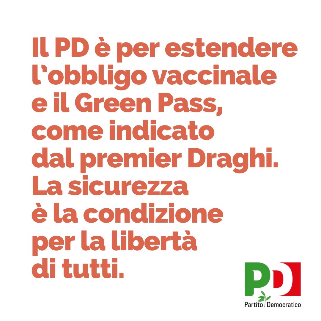 Il PD è per estendere obbligo vaccino e Green Pass.
Sono molto d'accordo con la linea che sta portando avanti Mario Draghi: la sicurezza è la condizione per la libertà.
Nella maggioranza di governo chi è contro il #GreenPass è contro la libertà e la sicurezza.
<a href="/EnricoLetta/">Enrico Letta</a>