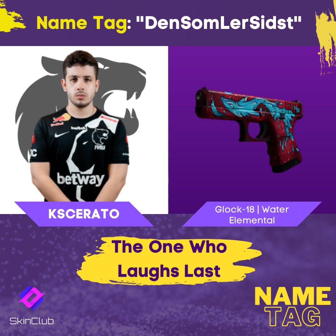 skinclubmedia's tweet photo. Glock-18 of @kscerato have name tag "DenSomLerSidst" which in Danish means "The One Who Laughs Last" 

So there is some Danish power behind his ACE against @teamoneesports

#ESLProLeague #FURIACS #CSGO #counterstrike #gaming https://t.co/IwVWRIKhcJ