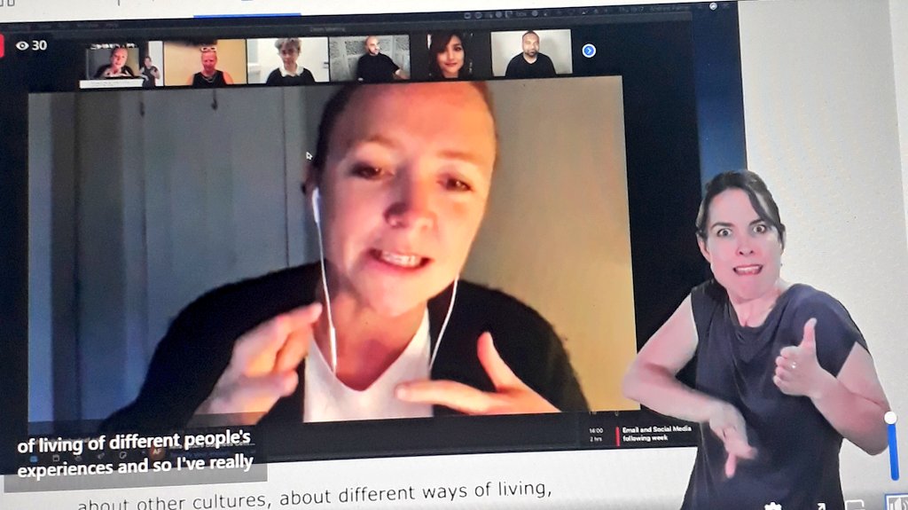 MxBenSpiller's tweet photo. Great discussion on Deaf culture &amp; theatre - representation on and off stage, BSL, Deaf &amp; hearing artists working together - hosted by @Paula_Garfield with @GraeaeJennyS, @KelseyGordon_x, @AmyCLeach, @AlimJayda, @PeedleCalloo, @Federay. Streaming now at https://t.co/iilug8KHVn. https://t.co/sREY7X6wf7