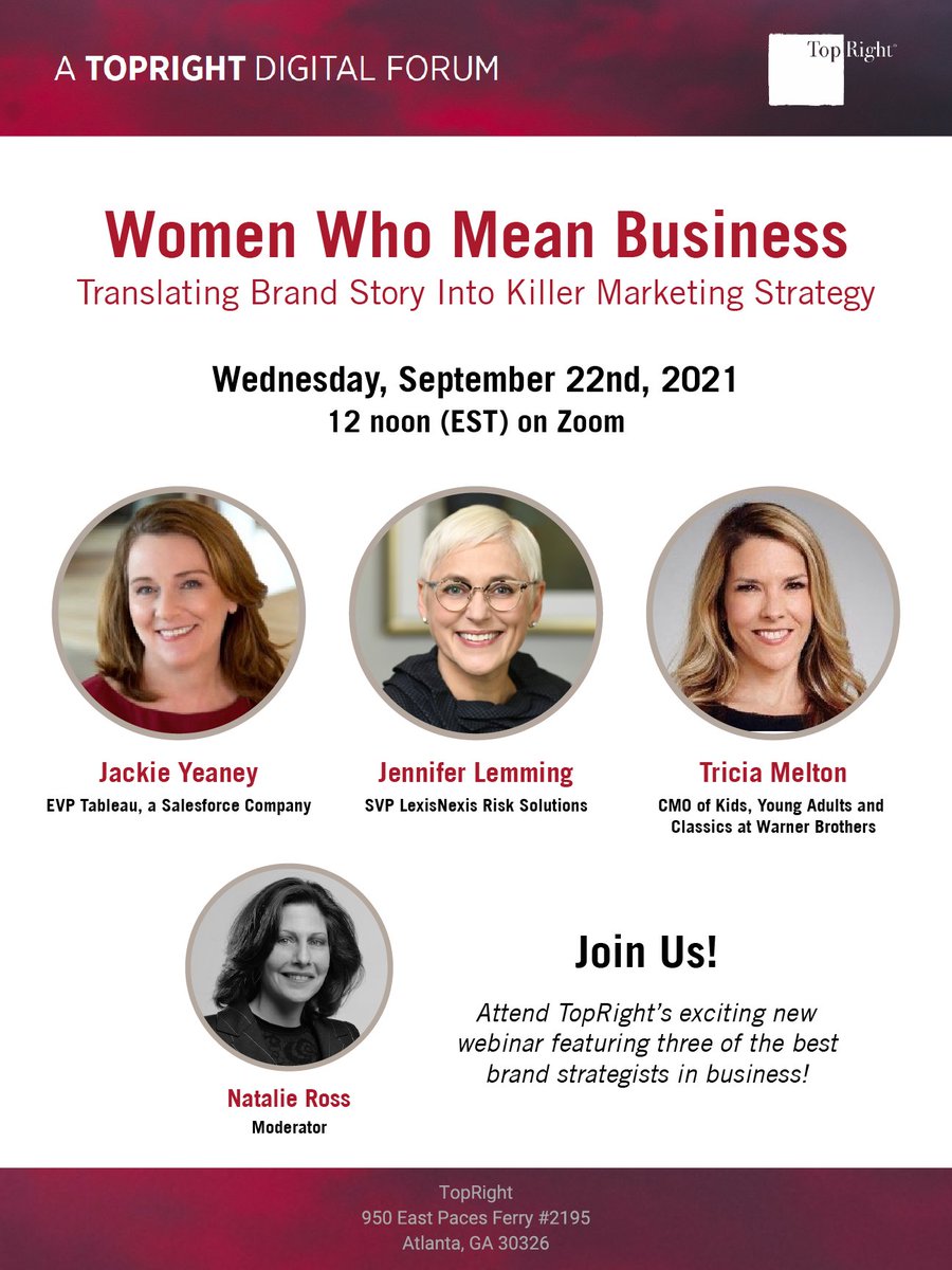 ChrisJWeissman's tweet photo. Registration for the TopRight #webinar, Women Who Mean Business: Translating Brand Story Into Killer Marketing Strategy, is now open! Zoom sign up here: https://t.co/f7YmekoHa7 https://t.co/IG5PEaDe1z