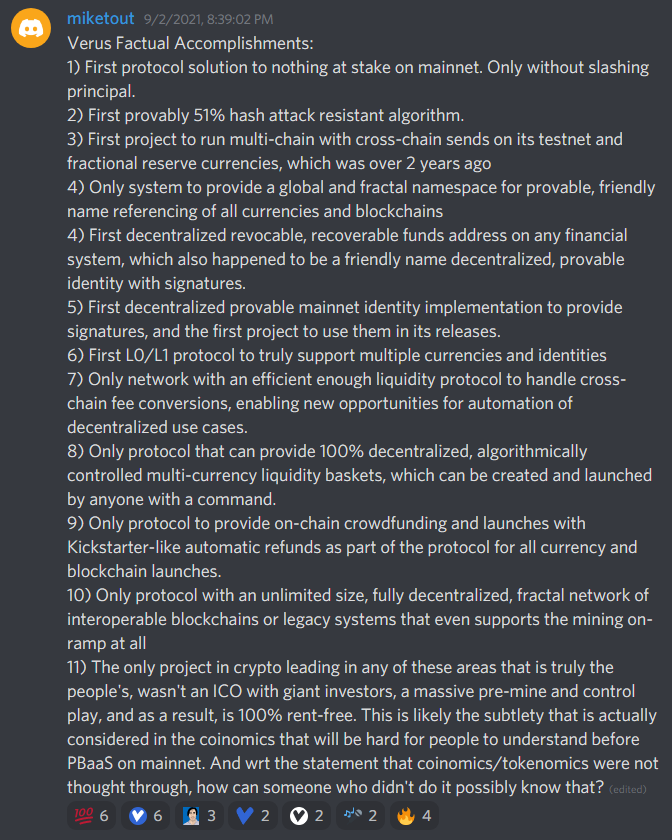 oink1970's tweet photo. In #Verus discord the comment was made that it had not accomplished anything yet.
@MikeToutonghi responds with a summary:

#defi #DID #verusID #PBaaS #AMM #liquidity #fairlaunch #Kickstarter #revocable #recoverable https://t.co/u1Tq7lW3rM