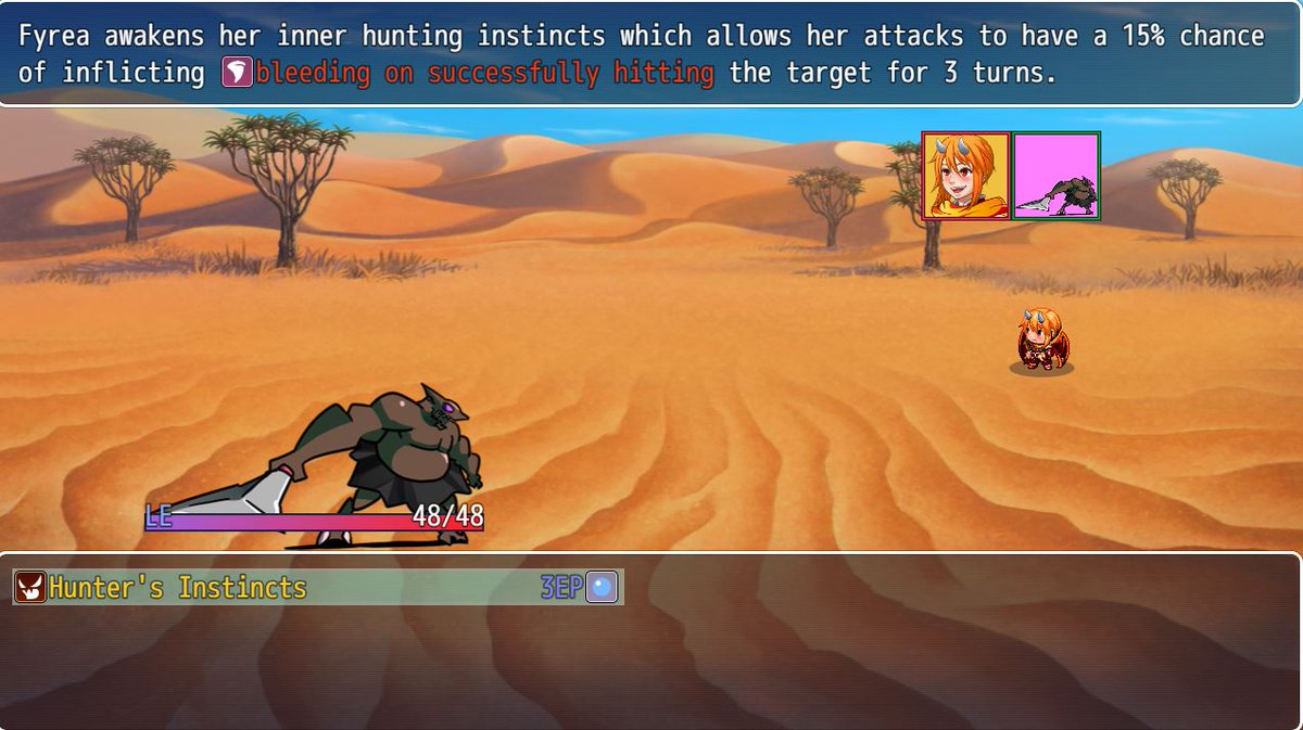 DaraneyS's tweet photo. Hello again everyone!
To round up the topic "Weapon Artes", this will be the last one to showcase, so you can discover the remaining ones by yourself once the update hits! "Hunter's Instincts" will be a passive buff for Fyrea's attacks.
#JRPG #rpgmaker #indiegame #indiedev #RPG https://t.co/J4Wh3xyeoy