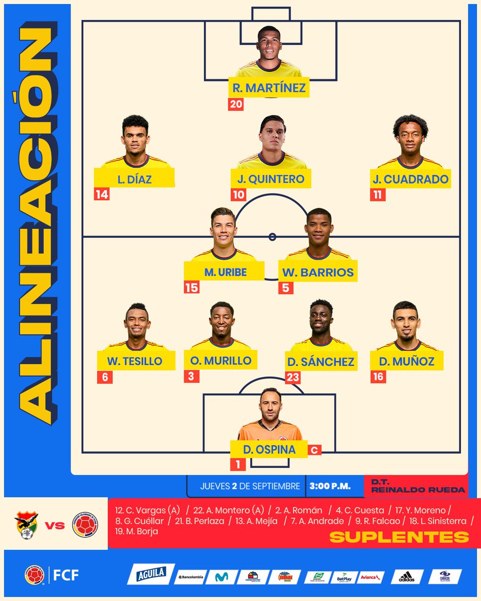 🚨 ¡TITULARES!

Este es nuestro 11 inicial para enfrentar a 🇧🇴 por las Clasificatorias a la Copa Mundial de la FIFA Catar 2022

#VamosColombia 🇨🇴