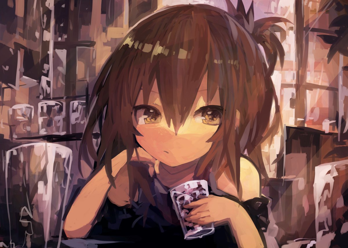 inazuma (kancolle) 1girl solo brown hair cup drinking glass folded ponytail hair between eyes  illustration images