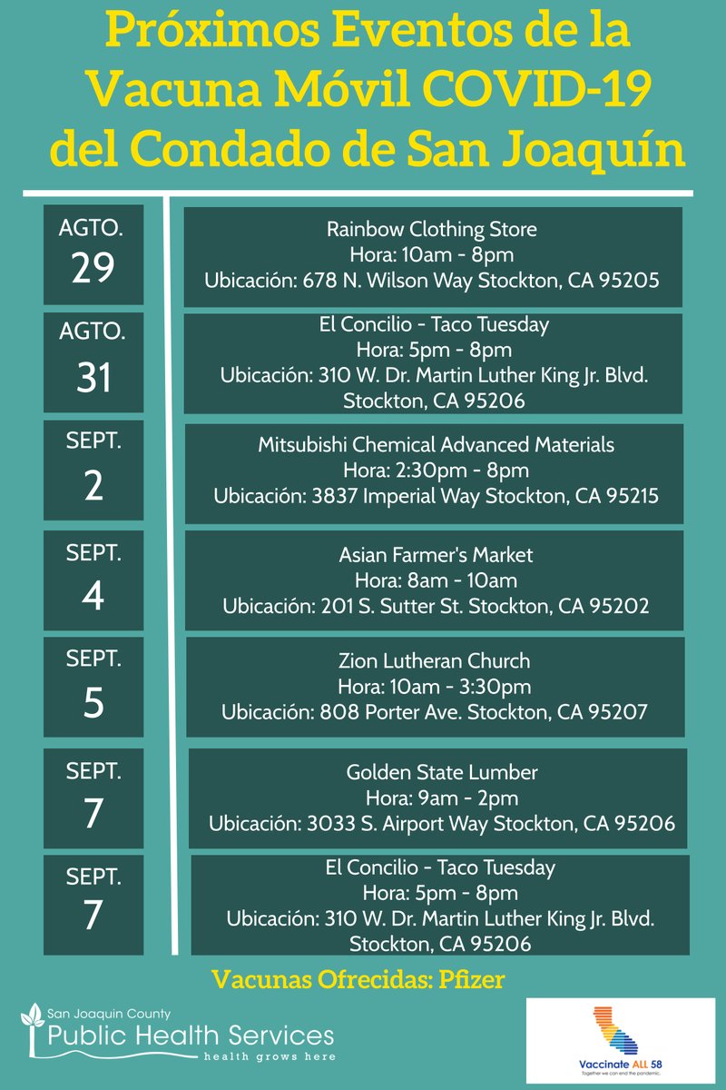 San Joaquin County Mobile COVID-19 Vaccine Upcoming Events
... Próximos Eventos de la Vacuna Móvil COVID-19 del Condado de San Joaquín