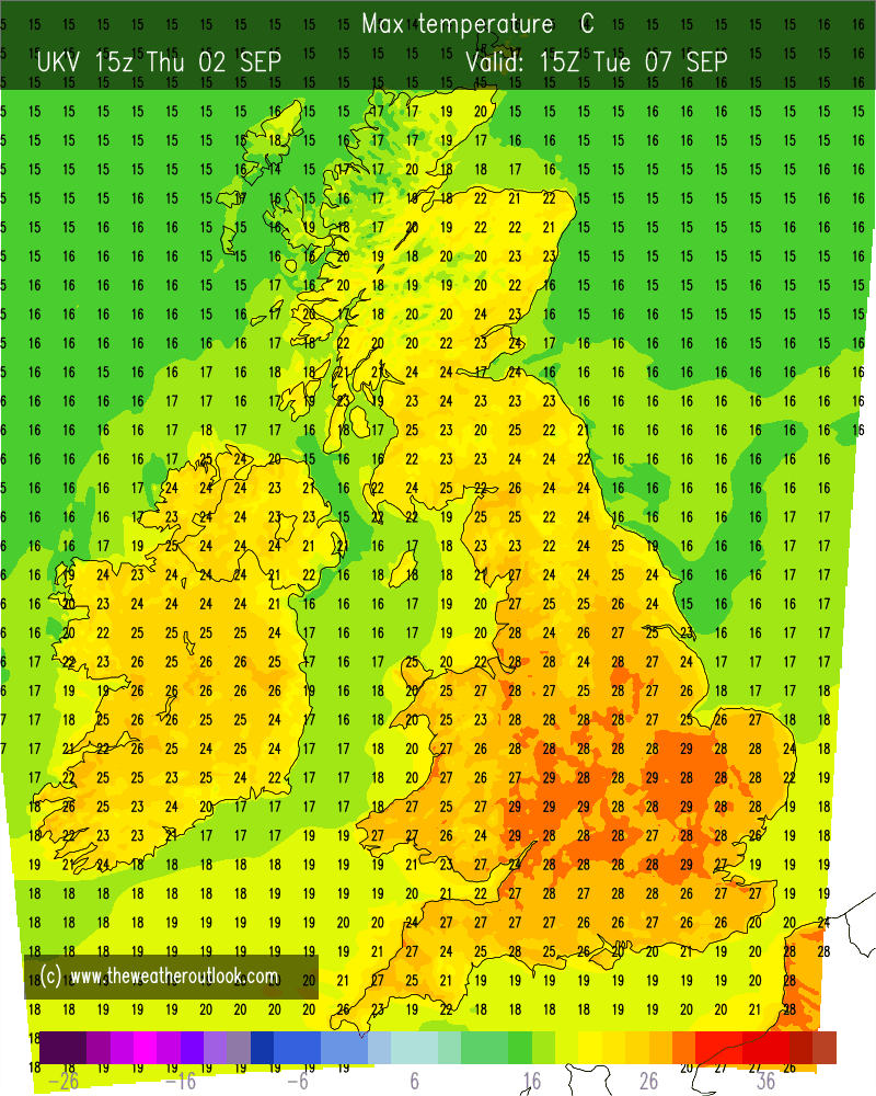 GavinPartridge's tweet photo. Latest hi-res UKV model shows temperatures getting very close to 30C (86F) across parts of England next Tuesday!
#HotSeptember https://t.co/pw7qALFcE2