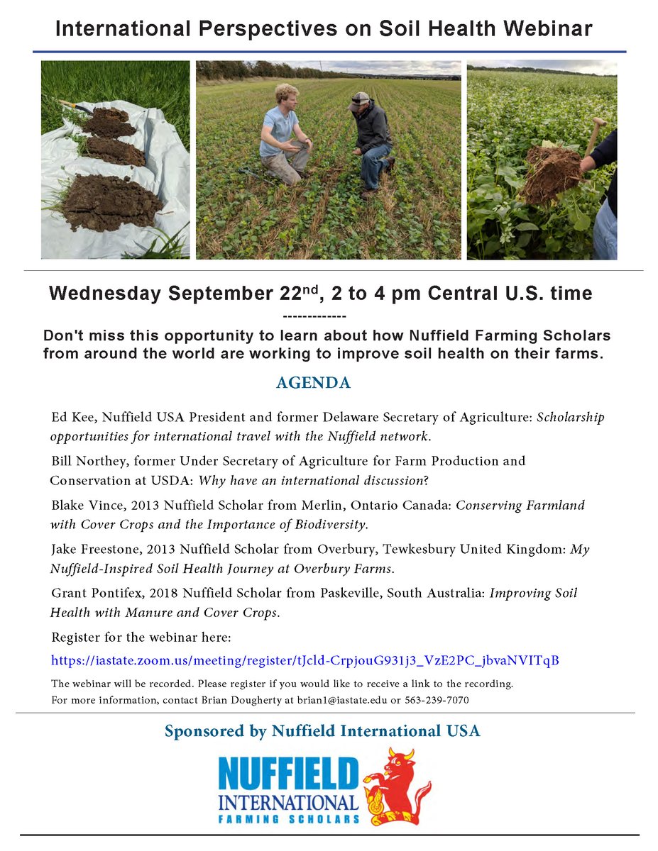 Excited to announce our first Nuffield International USA webinar. International perspectives on #soilhealth. Sept. 22nd 2 pm central. Don't miss it! Register here:iastate.zoom.us/meeting/regist…