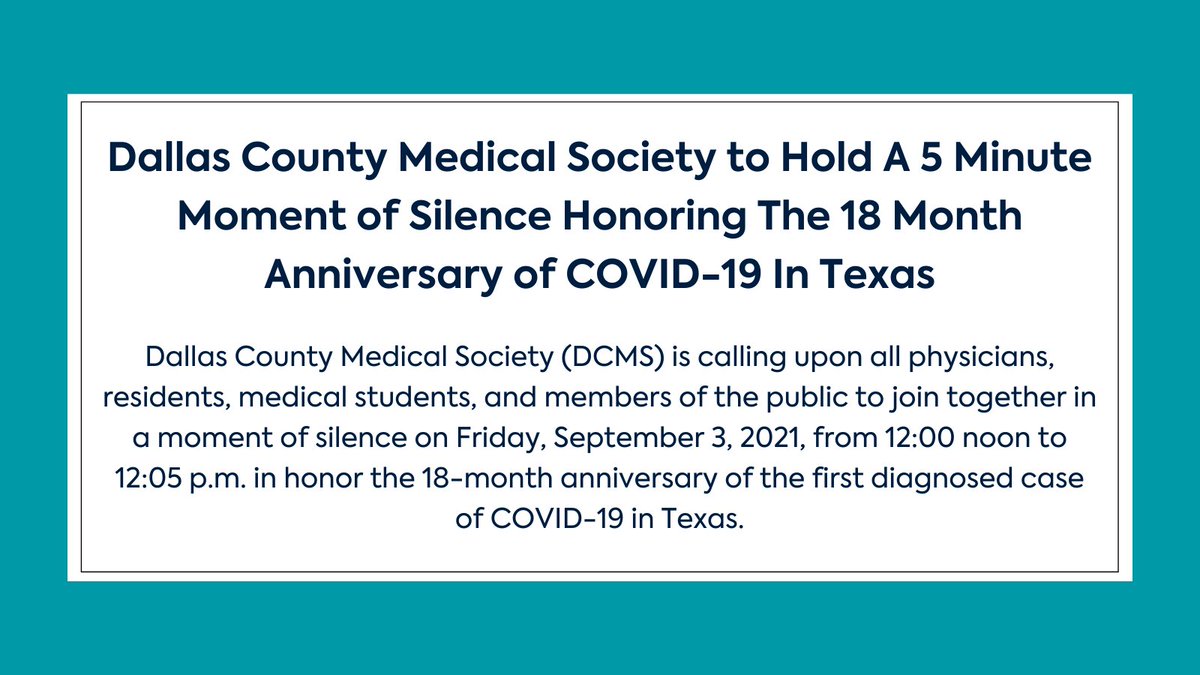 DallasCMS's tweet photo. Join DCMS in a moment of silence on Friday, September 3, 2021, to honor not only physicians, researchers, clinicians and healthcare support staff, but all Texans who have been impacted by COVID-19. https://t.co/vAVUAZY6j7