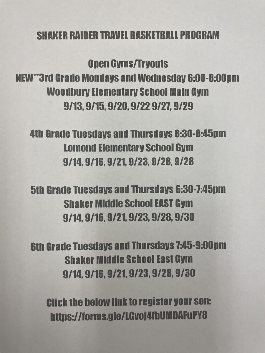 🏀🏀Shaker Raider Travel Basketball Program for boys enrolled in grades 3-6 is going to be a lot of fun, teaching &amp; learning the game of basketball in a positive environment!! Click the link to register your son!!🏀🏀 forms.gle/R6gKN26AeJ4hs4…