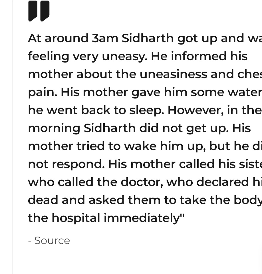 ronakkotecha's tweet image. #SiddharthShuklaRIP 
COULD SID HAVE BEEN SAVED?
A source said Last night around 3am he got up &amp;amp; was feeling very uneasy. He told his mom about it &amp;amp; chest pain. His mother gave him some water &amp;amp; he went back to sleep. Dr who came home declared him dead in morning

#SidharthShukla