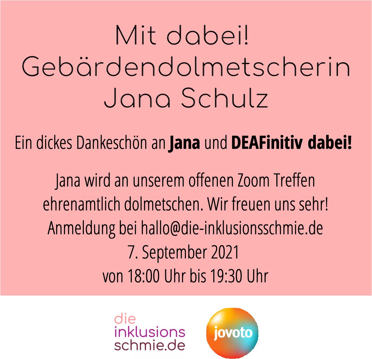 Wir freuen uns sehr. Unser offenes Zoom Treffen wird von einer Gebärdendolmetscherin begleitet. Jana Schulz und DEAFinitiv dabei! des BGSD unterstützen uns ehrenamtlich. Hier mehr zur Initiative: bgsd.de/de/DEAFinitivd… #gebärdensprache #barrierefreiheit