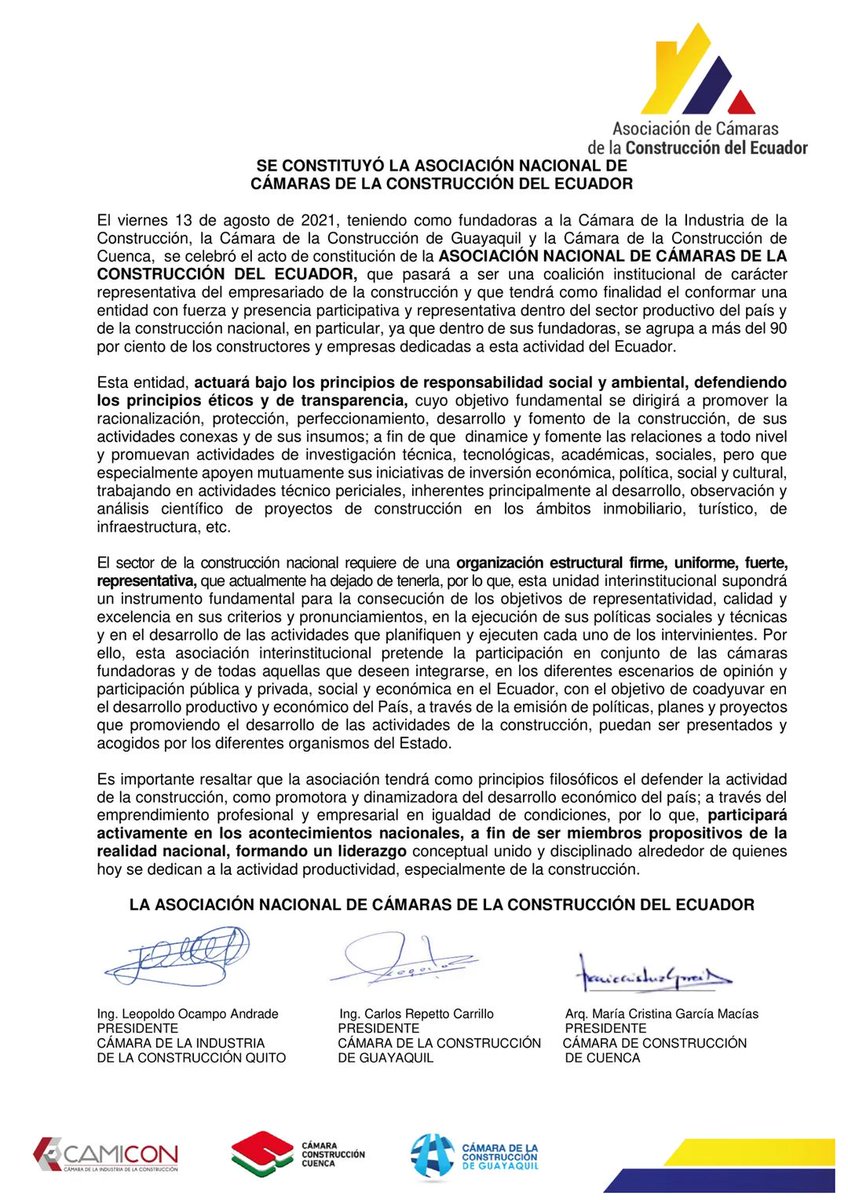 La Asociación de Cámaras de la Construcción de Ecuador, tiene como finalidad conformar una entidad con fuerza y presencia participativa y representativa dentro del sector productivo de país y de la construcción nacional en particular. <a href="/camicon_ec/">CAMICON</a> @ConstGye <a href="/camaraconscue/">Cámara Construcción Cuenca</a>