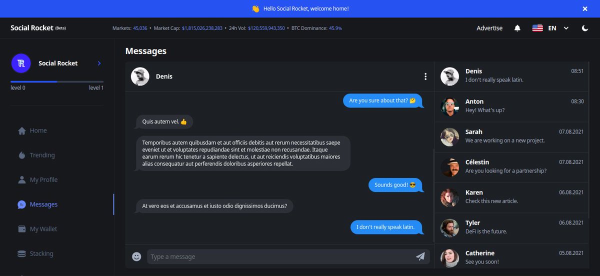 social___rocket's tweet photo. Chat has been added to the beta version of the app. 📨 
You can now start conversations with other users using the envelope button on their profile page.
It's pretty basic at the moment. More features will be added in the future. 👨‍💻
Please try it and report any bug you find! 🐞 https://t.co/QfHr1ePltd